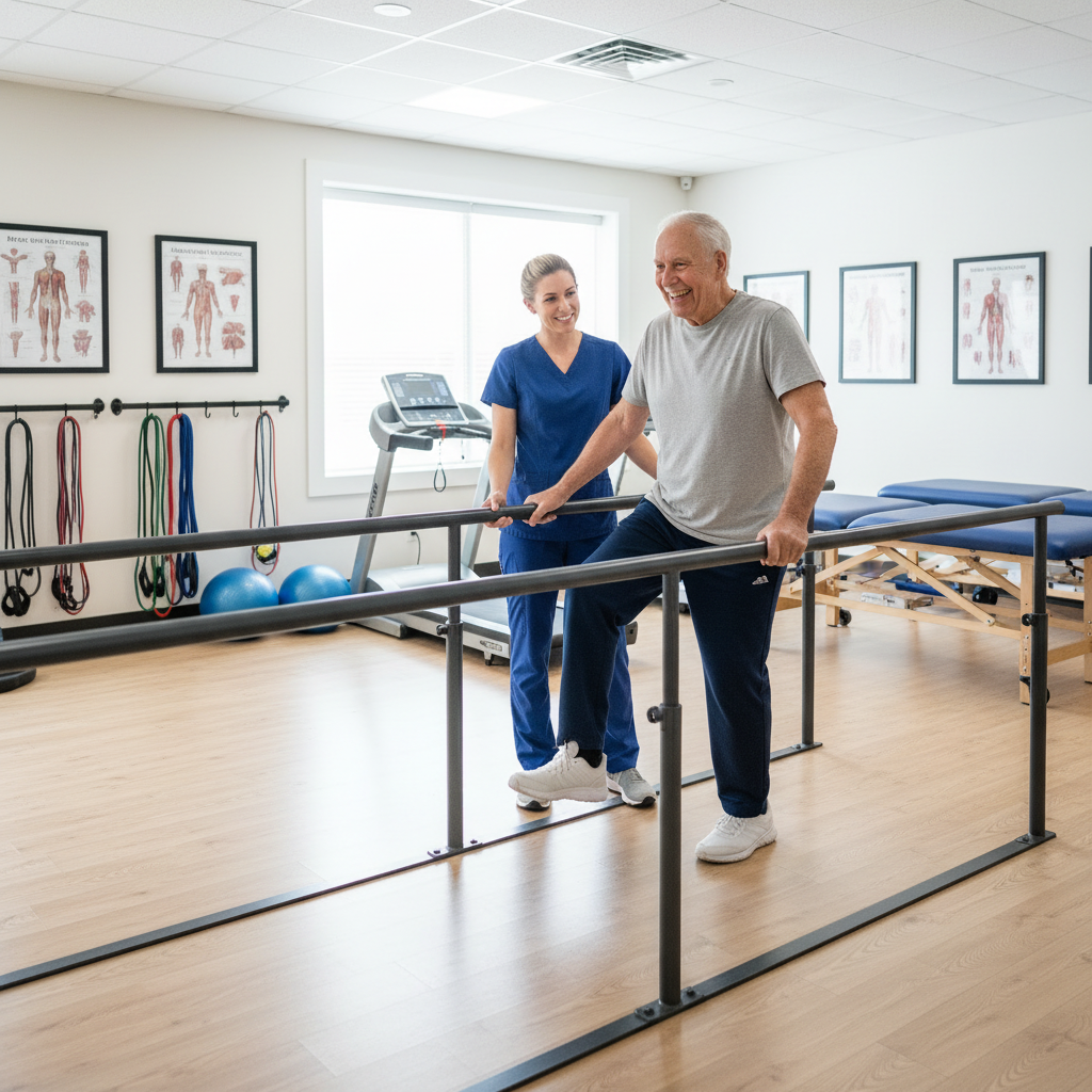 happy patient assisted by physical therapist in walking and balancing exercises
