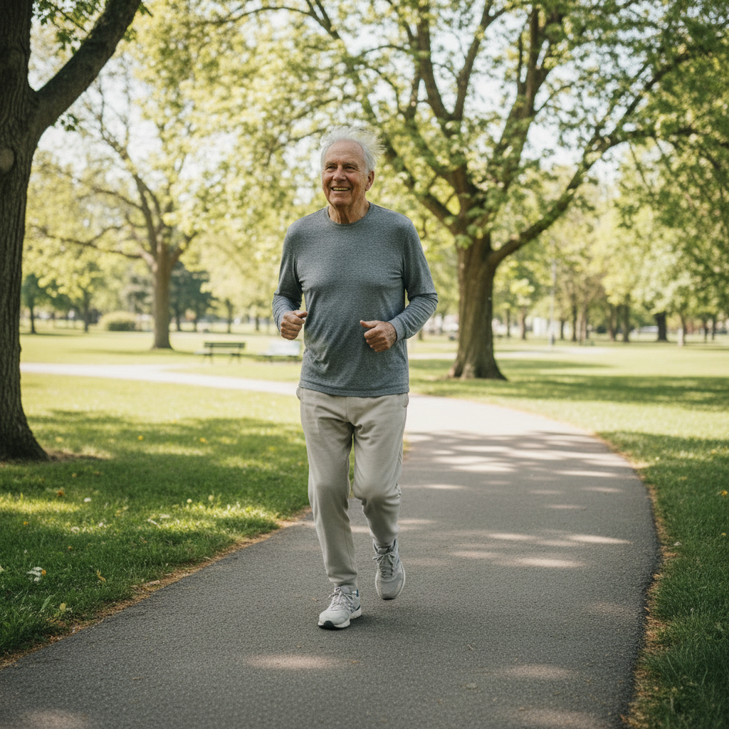 happy and healed patient after physical therapy walking and jogging in the park